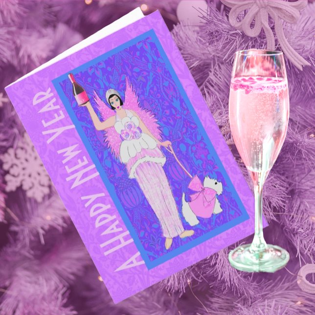 Art Nouveau Westie Dog Pink Purple New Year Card (Creator Uploaded)