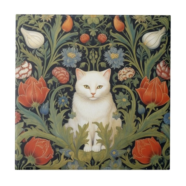Art nouveau white cat in the garden ceramic tile (Front)