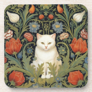 Art nouveau white cat in the garden coaster