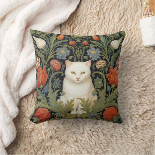 Art nouveau white cat in the garden cushion
