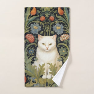 Art nouveau white cat in the garden hand towel