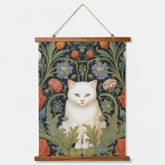 Art nouveau white cat in the garden hanging tapestry (Front)