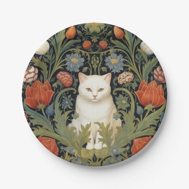 Art nouveau white cat in the garden paper plate (Front)
