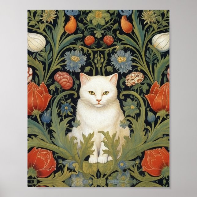 Art nouveau white cat in the garden poster (Front)