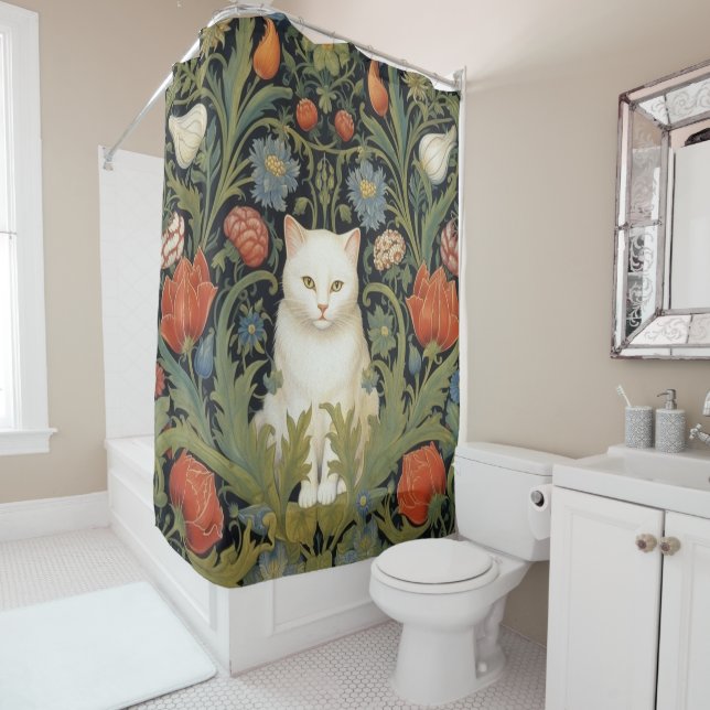 Art nouveau white cat in the garden shower curtain (In Situ)