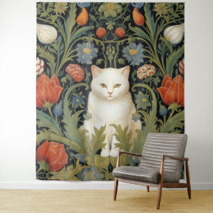 Art nouveau white cat in the garden tapestry