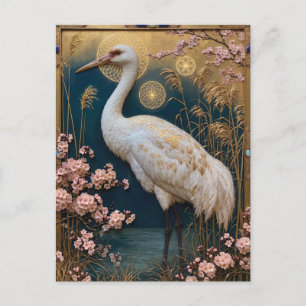 Art Nouveau White Crane Panel with Cherry Blossoms Holiday Postcard