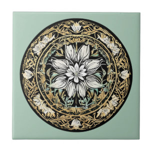 Art Nouveau White Floral Ceramic Tile