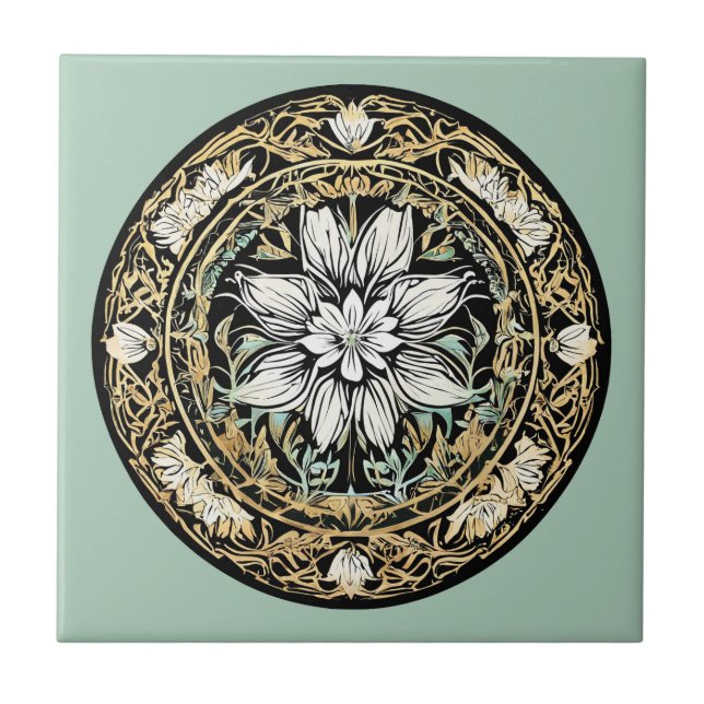Art Nouveau White Floral Ceramic Tile (Front)