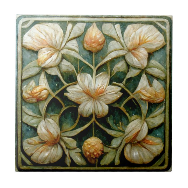 Art Nouveau White Flowers, French Blue Background Ceramic Tile (Front)