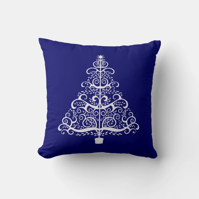 Art Nouveau White Holiday Tree on Blue Cushion (Front)