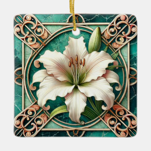 Art Nouveau White Lily Flower Motif Ceramic Ornament