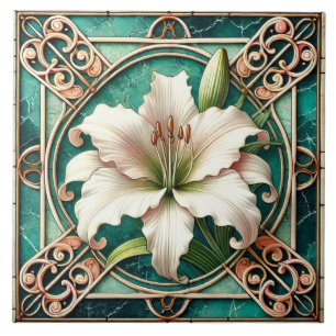 Art Nouveau White Lily Flower Motif Ceramic Tile
