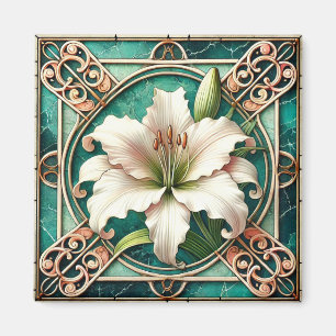 Art Nouveau White Lily Flower Motif Magnet