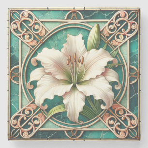 Art Nouveau White Lily Flower Motif Stone Coaster