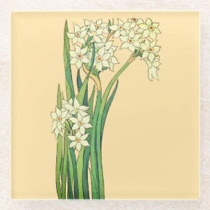 Art nouveau white narcissus flowers glass coaster