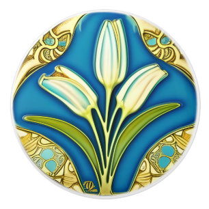 Art Nouveau White Stylised Lily  Ceramic Knob