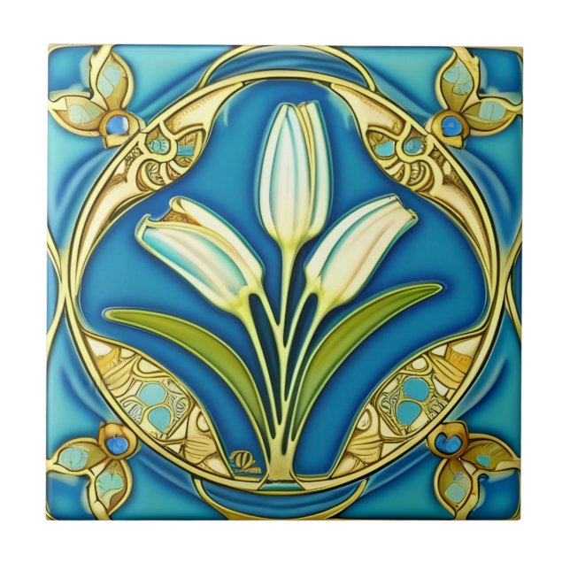 Art Nouveau White Stylised Lily  Ceramic Tile (Front)