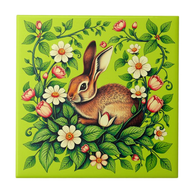 Art Nouveau Wild Rabbit and Flowers Ceramic Tile (Front)