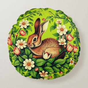 Art Nouveau Wild Rabbit and Flowers Round Cushion