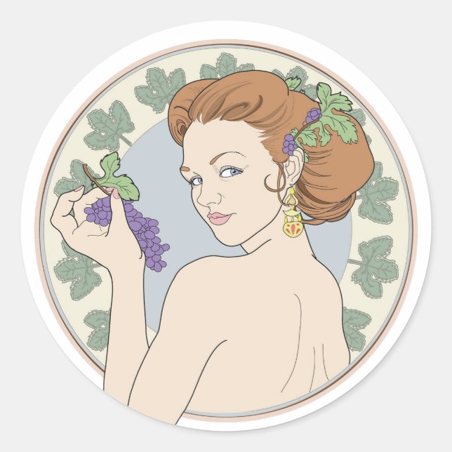 Art Nouveau Wine Lover Girl with Grapes Classic Round Sticker (Front)