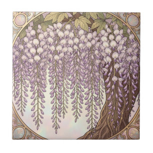 Art Nouveau Wisteria Floral Gold Frame Ceramic Tile