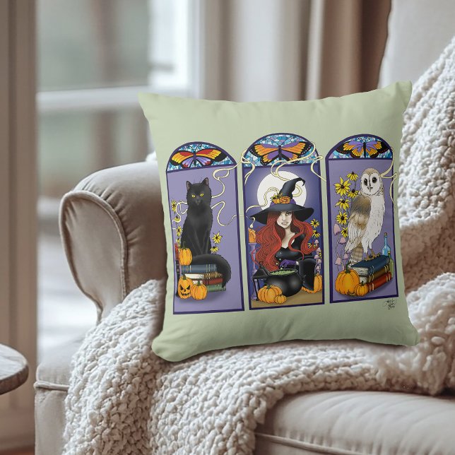 Art Nouveau Witch Owl Cat Halloween Cushion (Creator Uploaded)