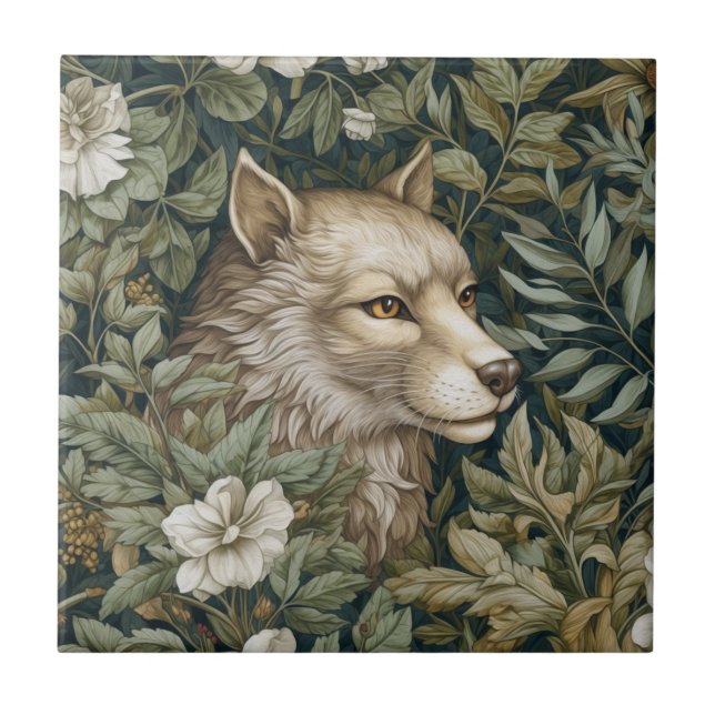 Art nouveau wolf in the leaves ceramic tile (Front)