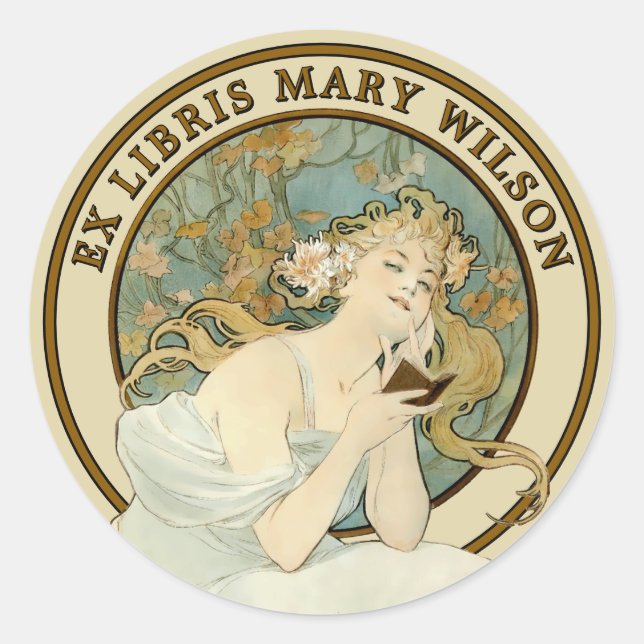 Art Nouveau Woman & Book Mucha Ex Libris Template Classic Round Sticker (Front)
