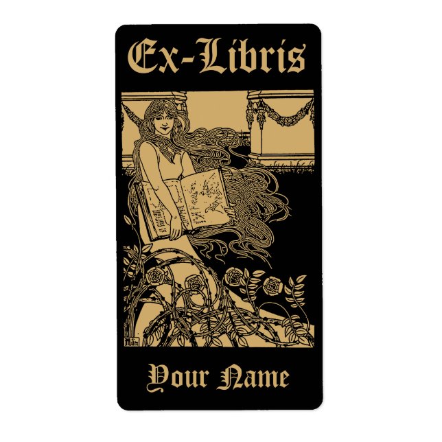Art Nouveau Woman & Book Roses Ex Libris Template (Front)