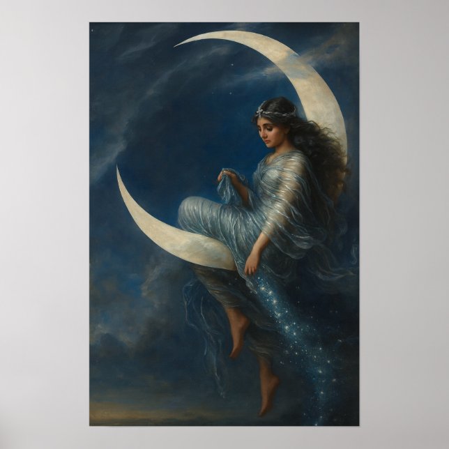 Art Nouveau Woman on Crescent Moon Poster (Front)