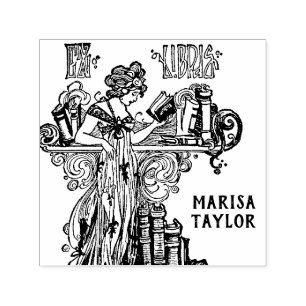 Art Nouveau woman Reading at bookshelves Self-inking Stamp