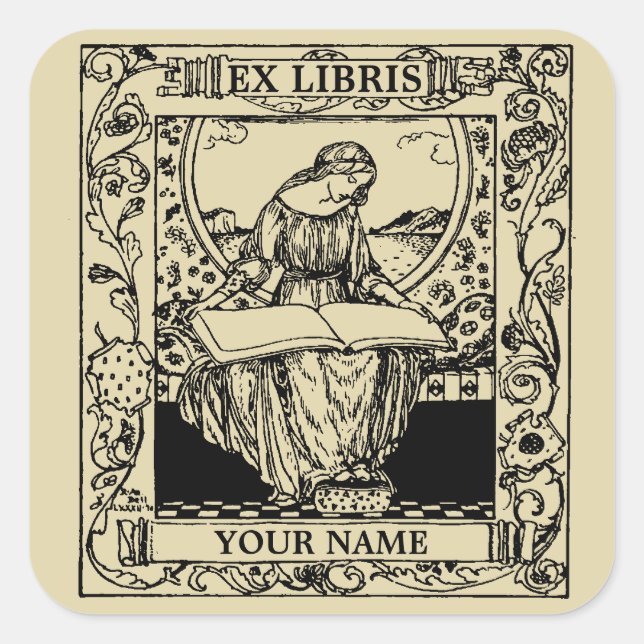 Art Nouveau Woman Reading Book Ex Libris Square Sticker (Front)