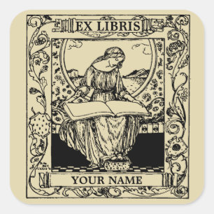 Art Nouveau Woman Reading Book Ex Libris Square Sticker