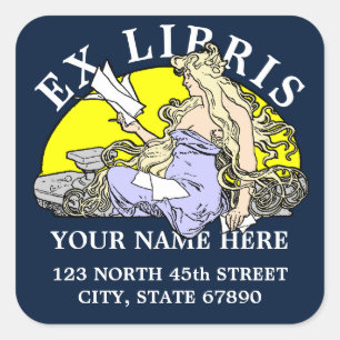 Art Nouveau Woman Reading Mucha Ex Libris Template Square Sticker