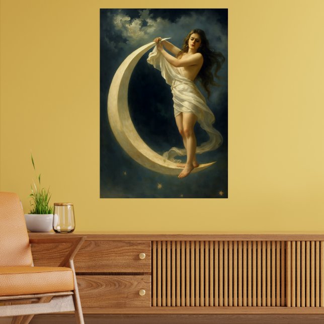 Art Nouveau Woman Riding On A Crescent Moon Poster (Living Room 2)