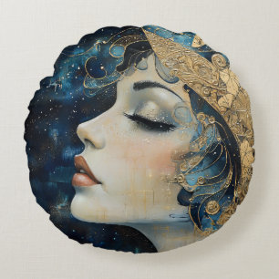 Art Nouveau Woman Round Cushion