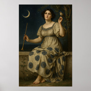 Art Nouveau Woman With Clarinet and Crescent Moon Poster
