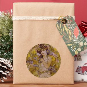 Art Nouveau Woman with Clematis Classic Round Sticker