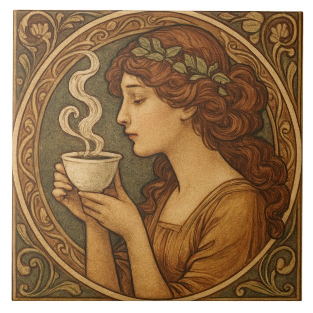 Art Nouveau Woman With Coffee Ceramic Tile (Front)