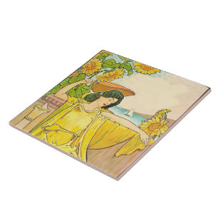 Art Nouveau Woman with Sunflowers    Ceramic Tile