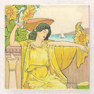 Art Nouveau Woman with Sunflowers     Glass Coaster