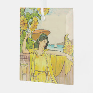 Art Nouveau Woman with Sunflowers   Glass Tree Decoration