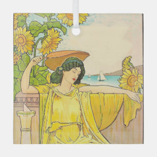 Art Nouveau Woman with Sunflowers  Glass Tree Decoration