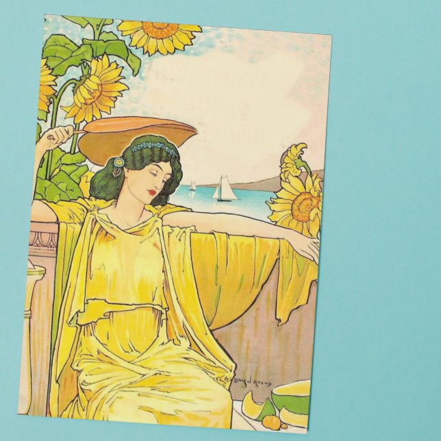 Art Nouveau Woman with Sunflowers  Note Card (Creator Uploaded)
