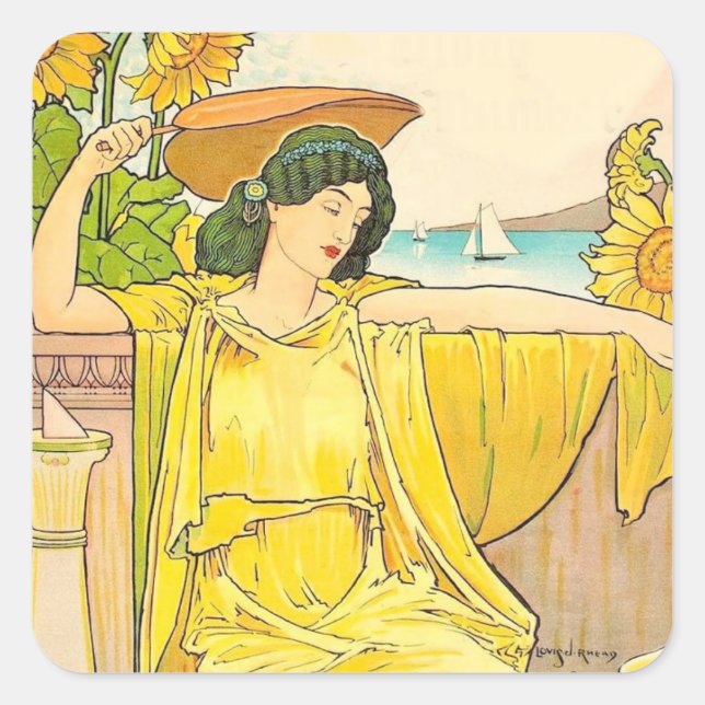 Art Nouveau Woman with Sunflowers     Square Sticker (Front)