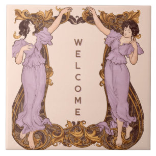 Art Nouveau Women Floral Frame Vintage Decorative  Ceramic Tile