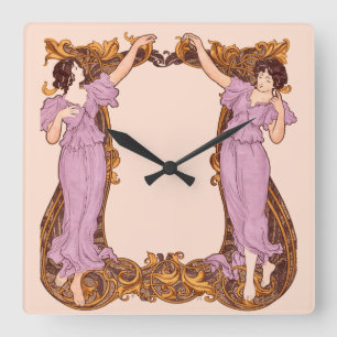 Art Nouveau Women Floral Frame Vintage Decorative Square Wall Clock