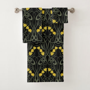 Art Nouveau Yellow Daffodils and Stems Black Bath Towel Set