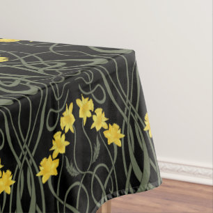 Art Nouveau Yellow Daffodils and Stems Black Tablecloth